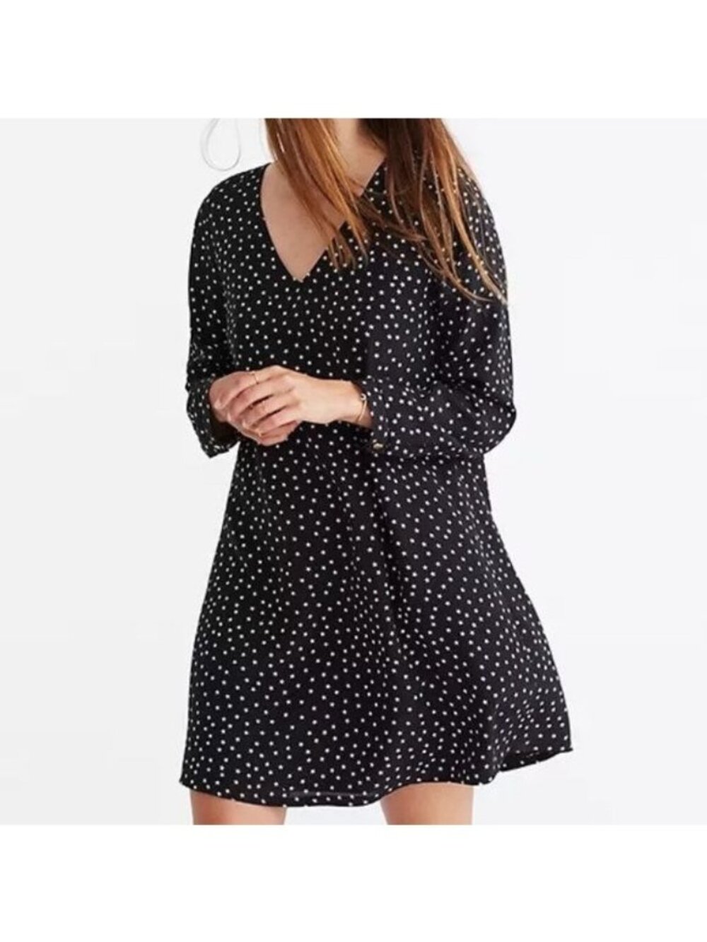 Madewell Black Star Scatter Silk V-Neck Button-Back Long Sleeve Dress Size Large